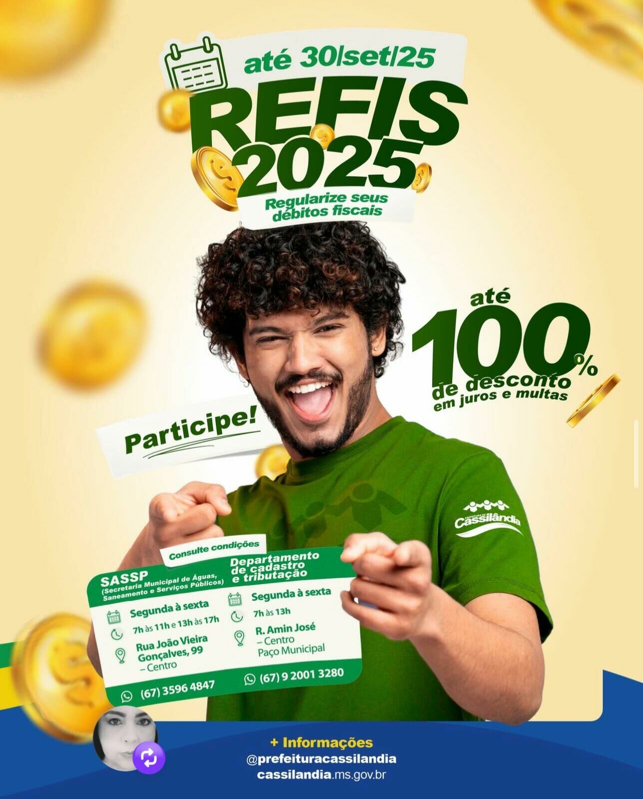 Imagem de compartilhamento para o artigo Prefeitura informa: Hoje é o último dia para contribuintes de Cassilândia aproveitarem o REFIS 2025 da MS Todo dia